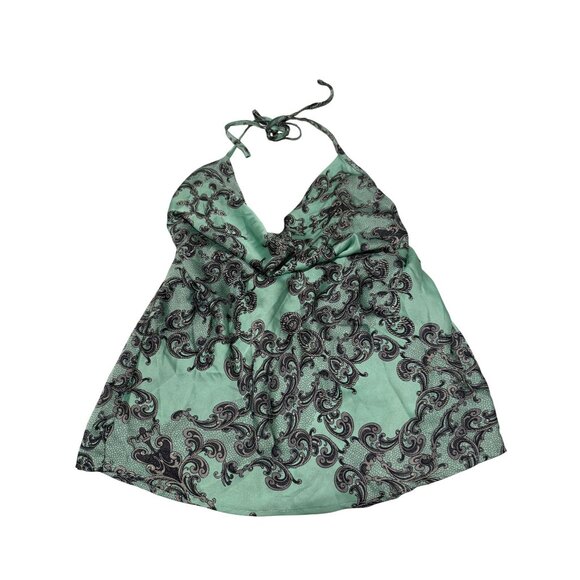 NWT! Hot & Delicious Halter Top Womens Green Damask Print Flowy V-Neck Size S - Picture 1 of 7